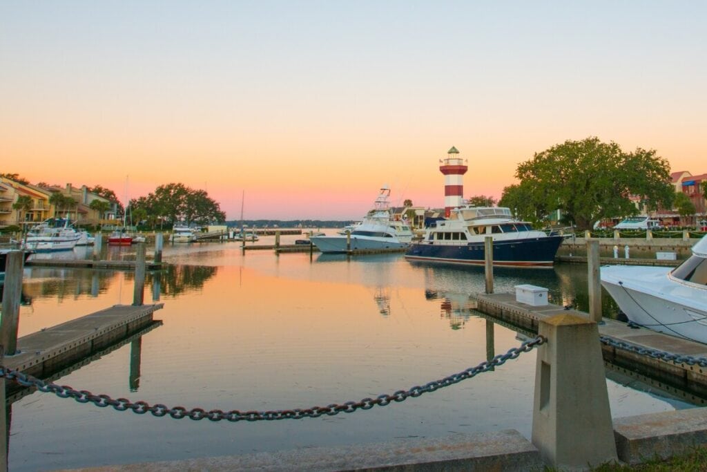 sunset over the lighthouse at hilton head south carolina