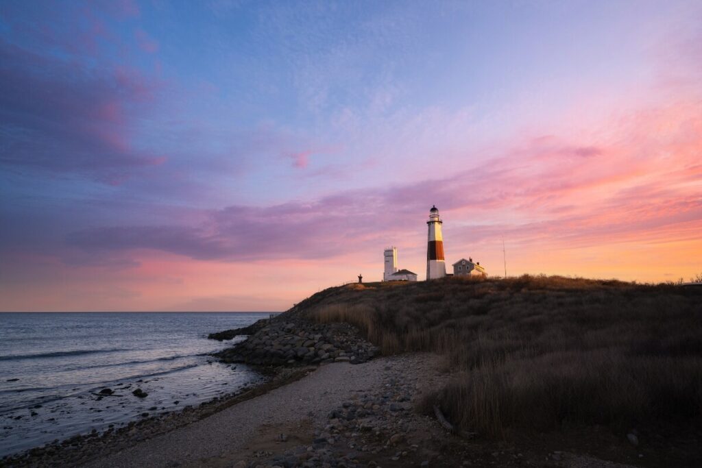 sunset over Montauk, New York and the lighthouse