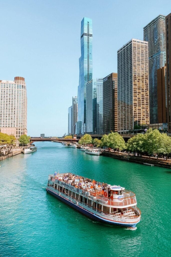 view of a cruise from Riverwalk Chicago