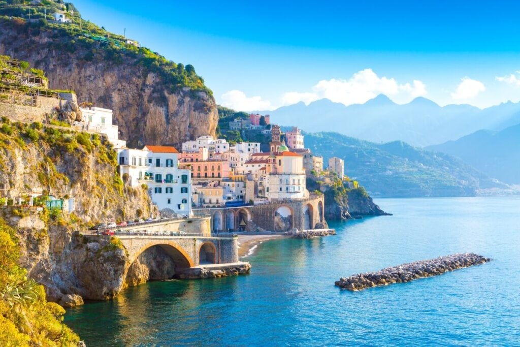 bright sunny day over the blue water along Positano