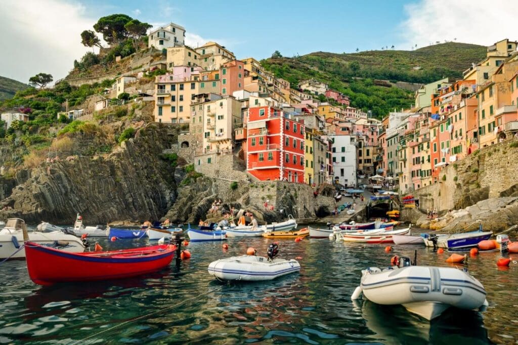 view of riomaggiore italy from the ocean